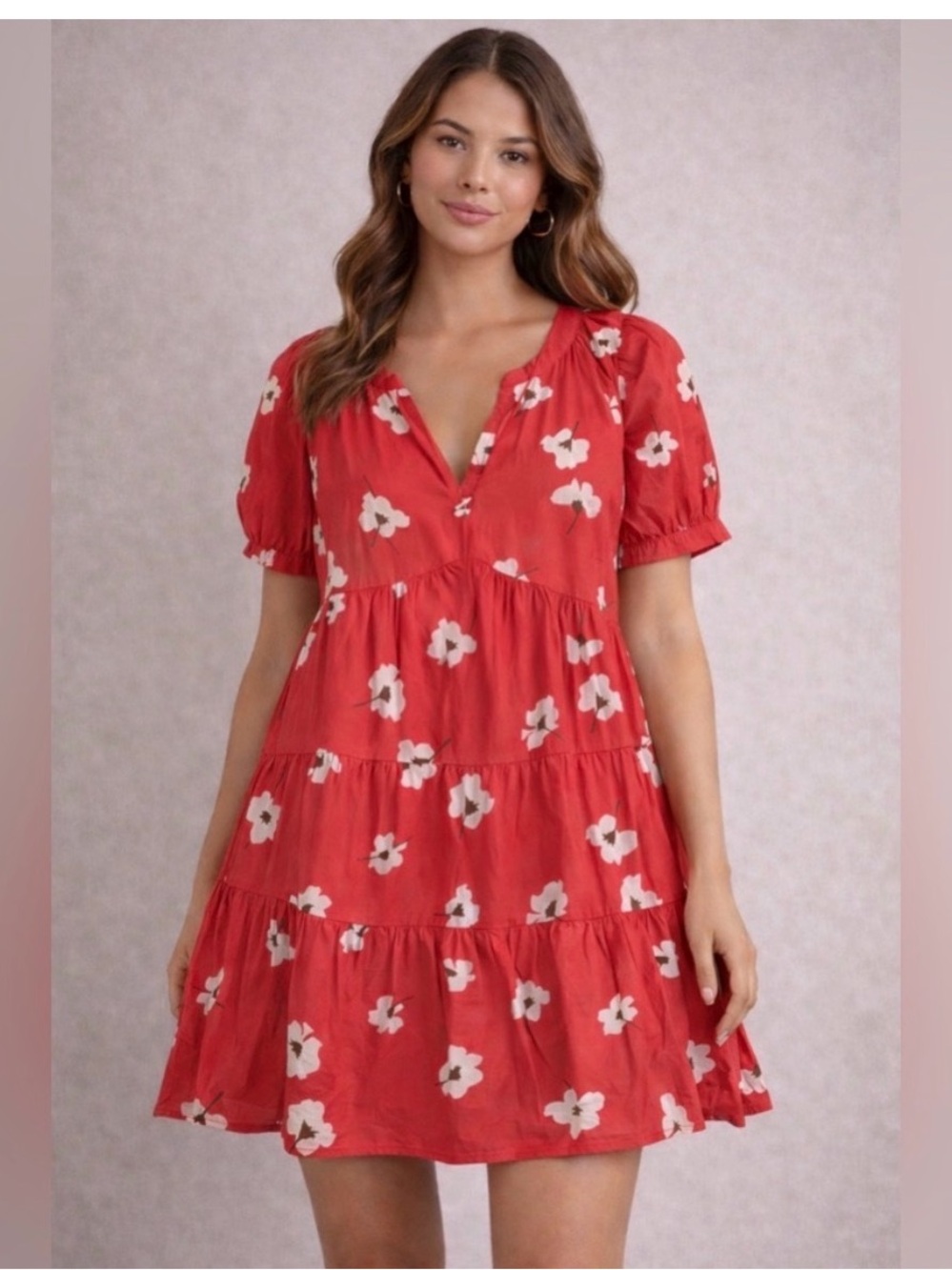 Universal Thread Red Floral Tiered Mini Dress w Puffy Sleeves, XXL